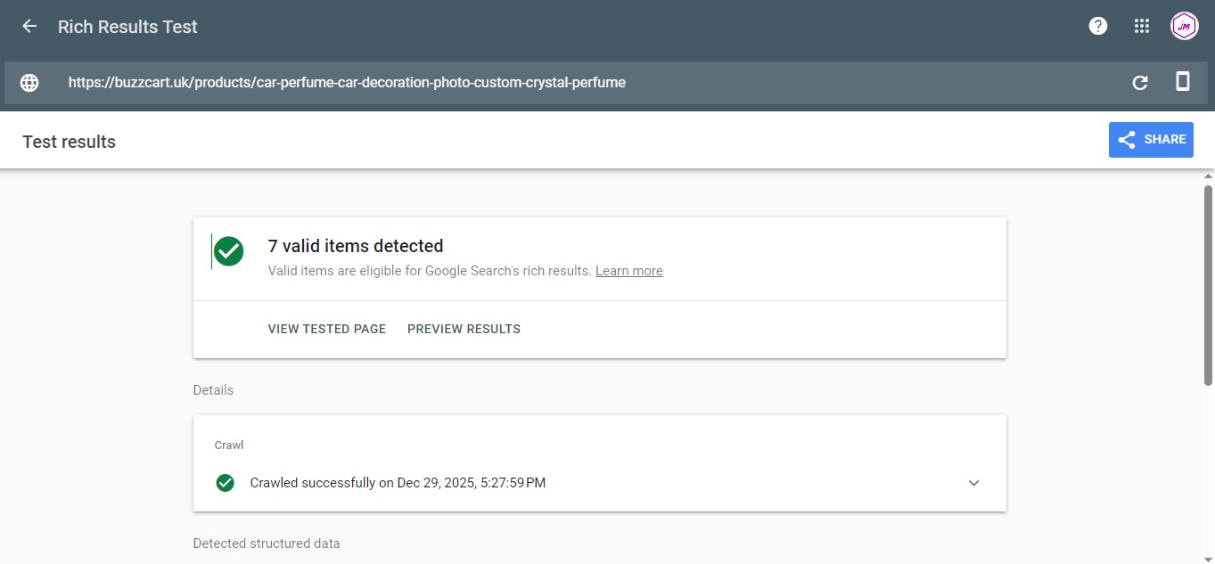 Google Rich Results Test confirming seven valid structured-data items