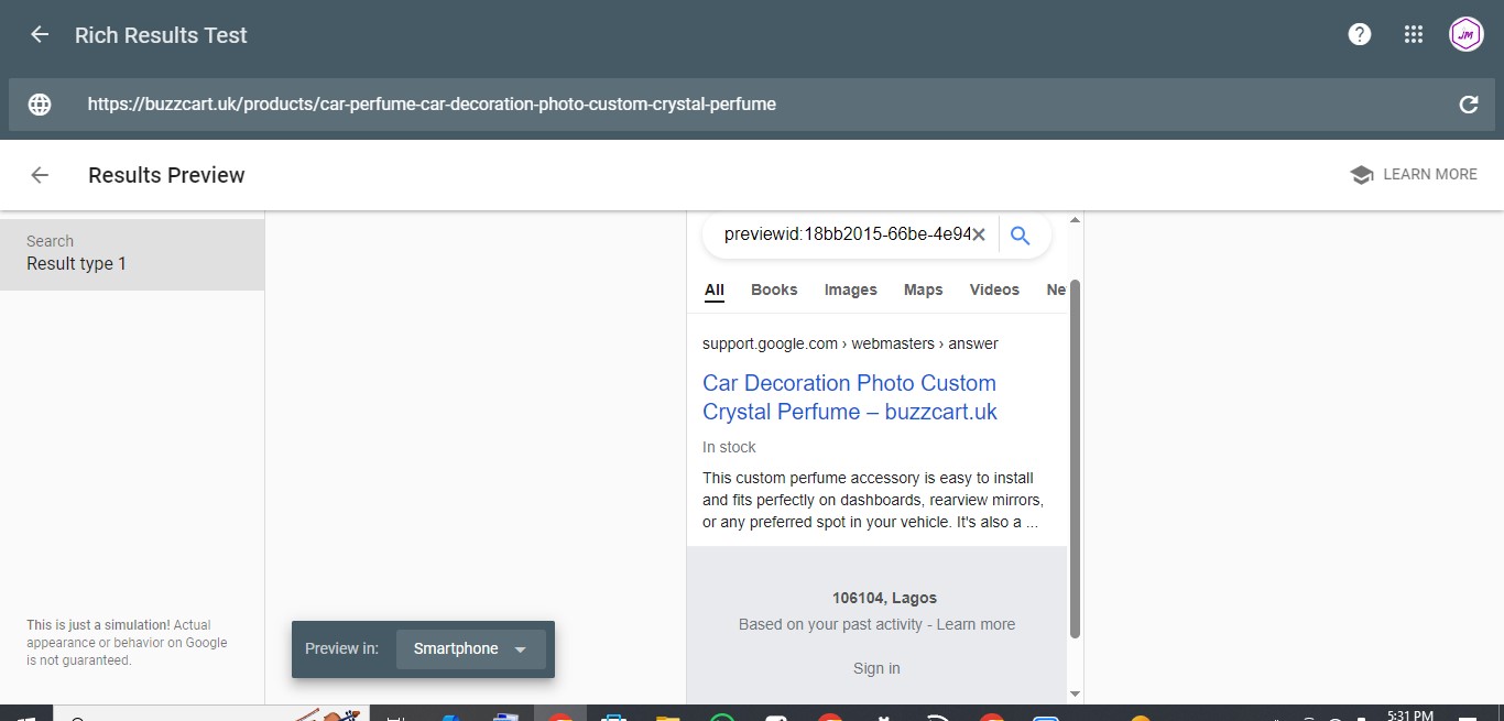 Google search preview showing the optimised product title and description
