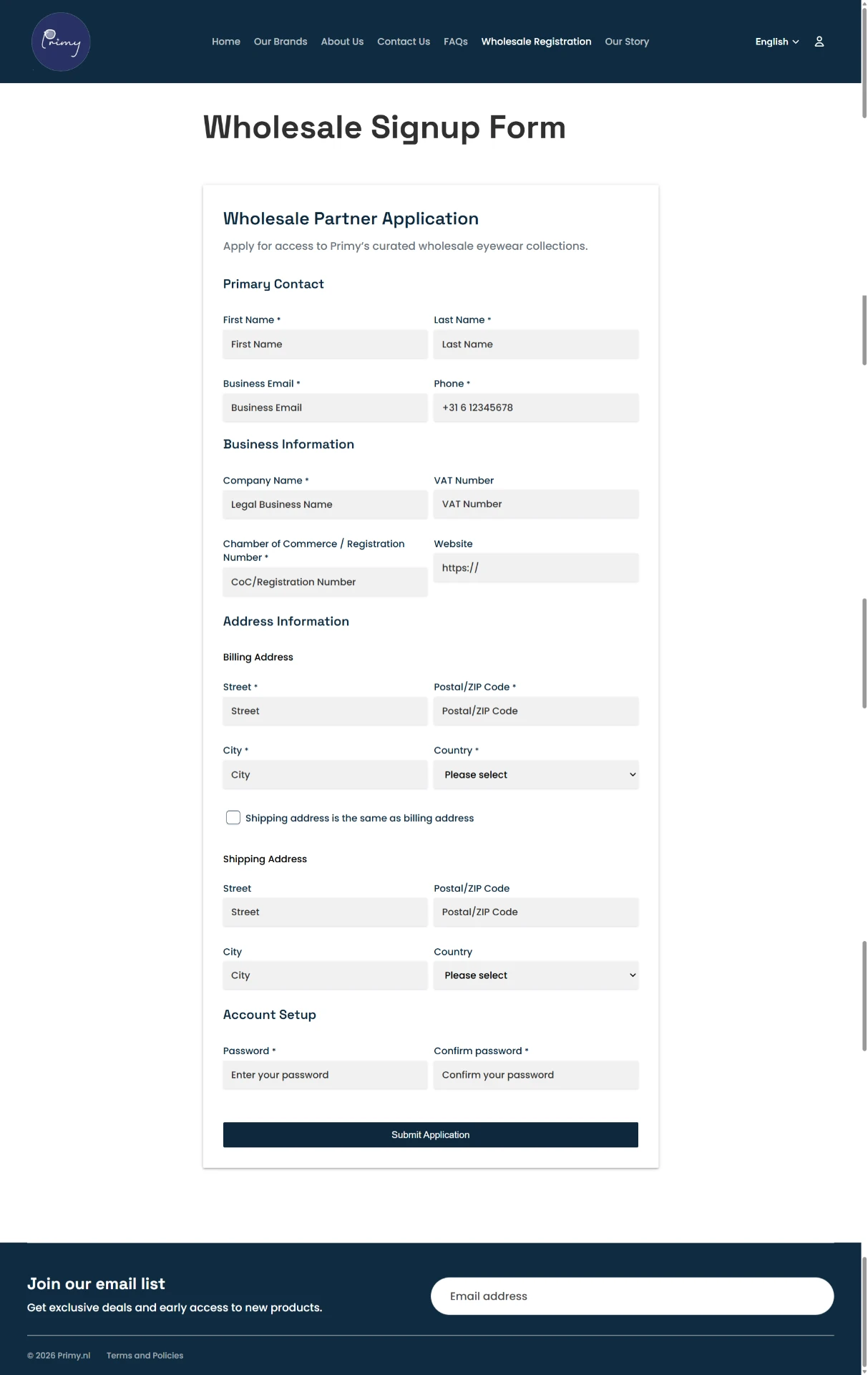 Wholesale registration and partner application form